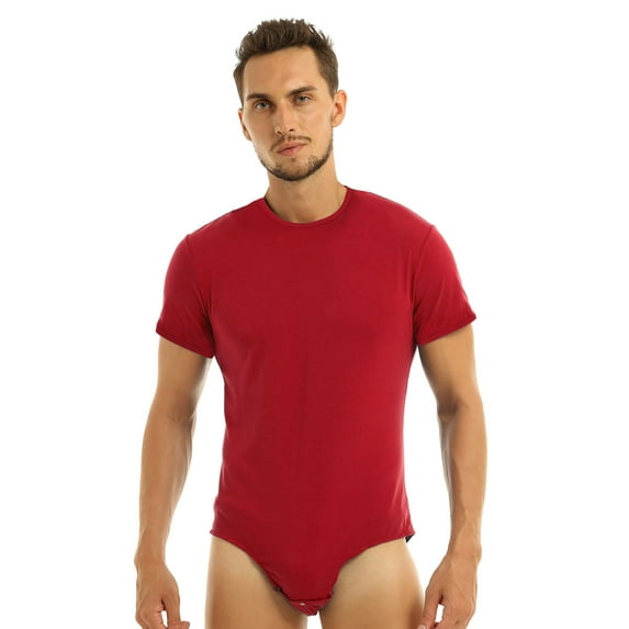 Yeahdor Mens One Piece Short Sleeve Bodysuit Pajamas Press Button Crotch Romper T-Shirt Nightwear Red-A XL