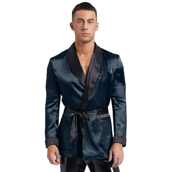 Yeahdor Mens Satiny Smoking Jacket Robe Lightweight Host Wear Blazer Coat Nightwear Navy Blue XL