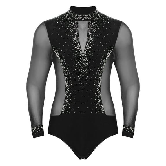 Yeahdor Mens Shiny Rhinestone Mock Neck Latin Tango Dance Bodysuit Figure Skating Performance Leotard Black M