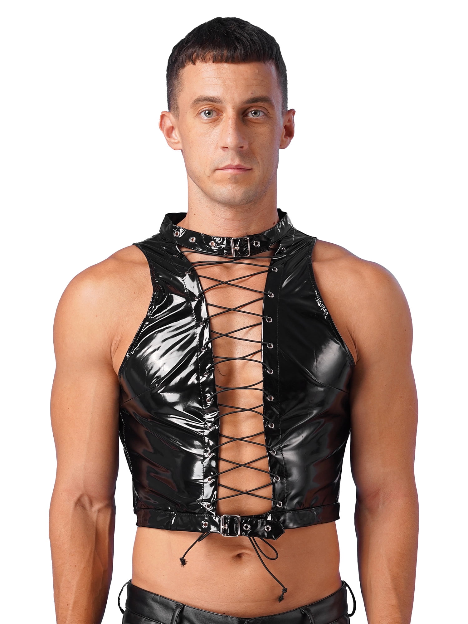 Yeahdor Mens Sleeveless Lace-Up Crop Top Wet Look Patent Yeahdor Mens Sleeveless Lace-Up Crop Top Wet Look Patent