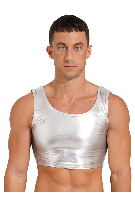 Mens Sleeveless Vest Tank Top Metallic Crop Top Pole Dance Costume Rave Party Clubwear Silver One Size