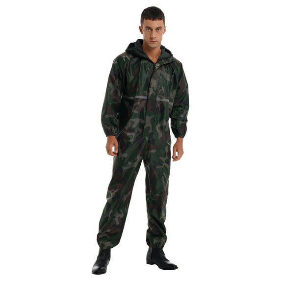 Yeahdor Mens Water Resistance Full Body Jumpsuit Rain Suit Hooded Drawstring Overall Jumpsuit Camouflage M