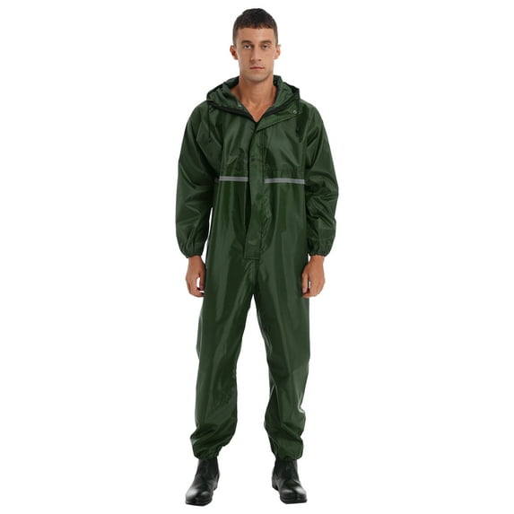 Yeahdor Mens Water Resistance Full Body Jumpsuit Rain Suit Hooded Drawstring Overall Jumpsuit Dark Green XXL