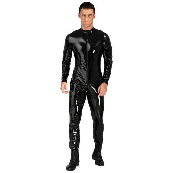 Yeahdor Mens Zipper Crotch Jumpsuit Long Sleeve Stretchy Catsuit Patent Leather Night Club Bodysuit Black 3XL