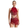 thumbnail image 1 of Yeahdor Women Shiny Rhinestone Fringe Latin Dance Competition Leotard Bodysuit Ballroom Dancing Dress Burgundy M, 1 of 7