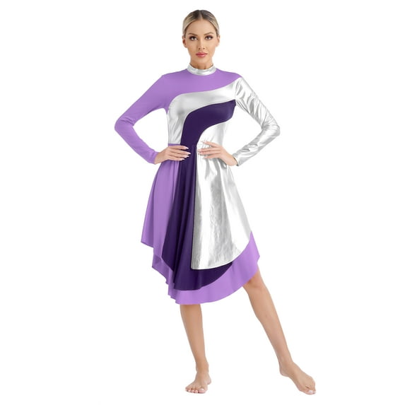 Yeahdor Women's Lyrical Praise Dance Dress Color Block Long Sleeve Church Worship Liturgical Dancewear Purple XL