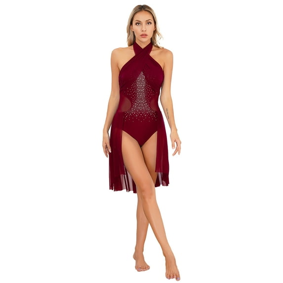Yeahdor Womens Chiffon Lyrical Dance Performance Costume Halter Neck Rhinestones Backless Leotard Dress Burgundy XL