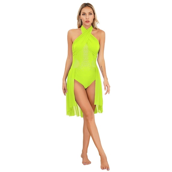 Yeahdor Womens Chiffon Lyrical Dance Performance Costume Halter Neck Rhinestones Backless Leotard Dress Fluorescent Yellow M