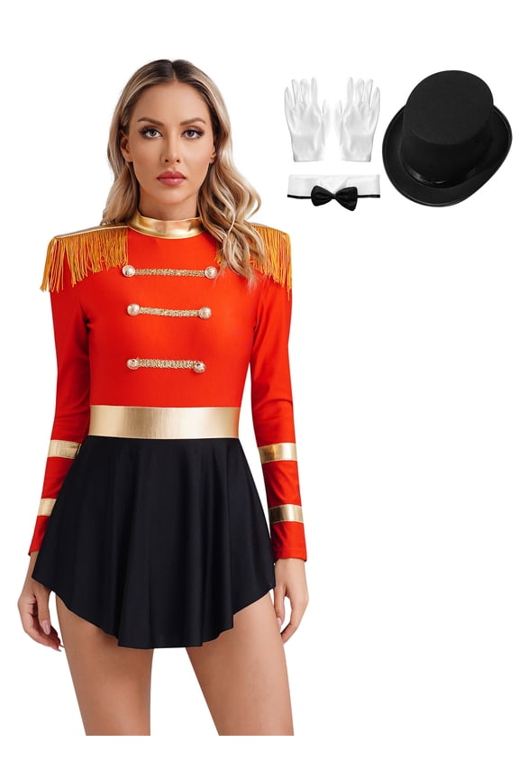 Womens Circus Ringmaster Cosplay Costume Sequins Long Sleeve Fringed Shoulder Tutu Leotard Dress Outfit Set C Red 3XL