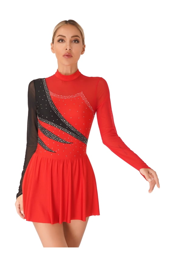 Womens Figure Skating Dress Ballet Lyrical Dance Gymnastics Leotard Rhinestone Sheer Mesh Dancewear Red XXL