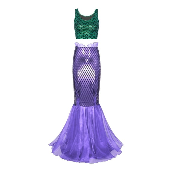 Yeahdor Womens Halloween Mermaid Fancy Dress Costume Cropped Tank Top with Cascading Ruffle Long Skirt Green&Purple 3XL