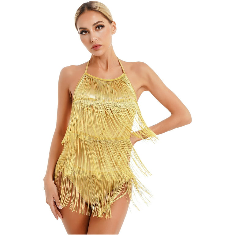Yeahdor Womens Halter Neck Tassels Dance Leotard Latin Rumba Costume  Spaghetti Strap Backless Fringed Bodysuit Dancewear