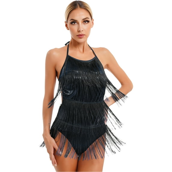 Yeahdor Womens Halter Neck Tassels Dance Leotard Latin Rumba Costume Spaghetti Strap Backless Fringed Bodysuit Dancewear