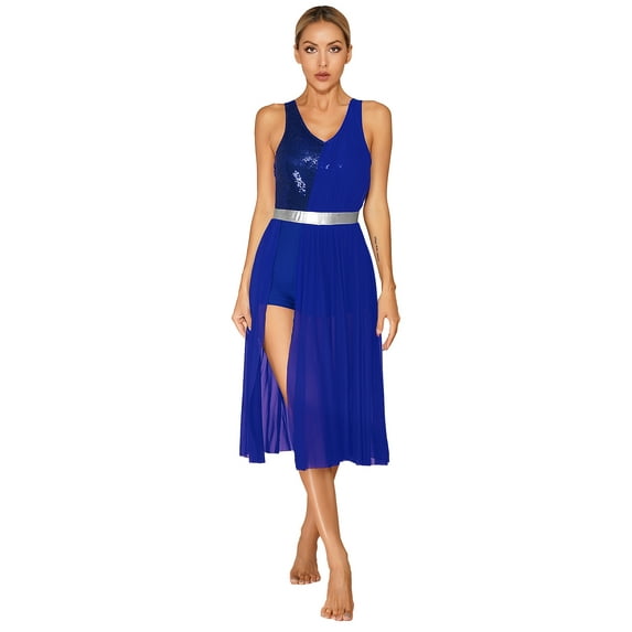 Yeahdor Womens Lyrical Modern Dance Dress Flowy Shiny Sequins Contemporary Dance Leotard V Neck Ballroom Dancewear Blue S