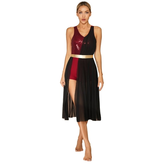 Yeahdor Womens Lyrical Modern Dance Dress Flowy Shiny Sequins Contemporary Dance Leotard V Neck Ballroom Dancewear Burgundy L