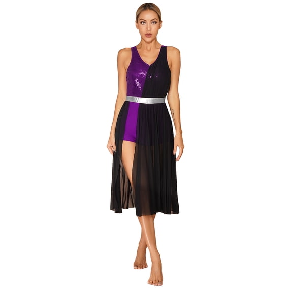 Yeahdor Womens Lyrical Modern Dance Dress Flowy Shiny Sequins Contemporary Dance Leotard V Neck Ballroom Dancewear Purple M