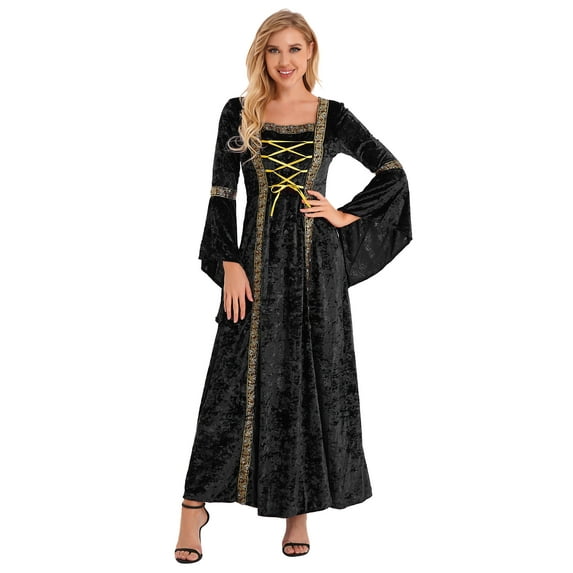 Yeahdor Womens Medieval Victoria Queen Princess Formal Dress Halloween Carnival Court Cosplay Costume Velvet Dress Black S
