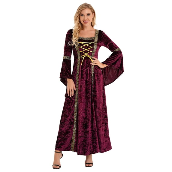 Yeahdor Womens Medieval Victoria Queen Princess Formal Dress Halloween Carnival Court Cosplay Costume Velvet Dress Burgundy XL