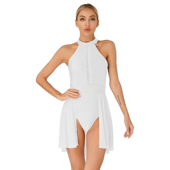 Yeahdor Womens Shiny Rhinestone Lyrical Dance Dress Contrast Color Backless Leotard Dress Figure Skating Performance Costume