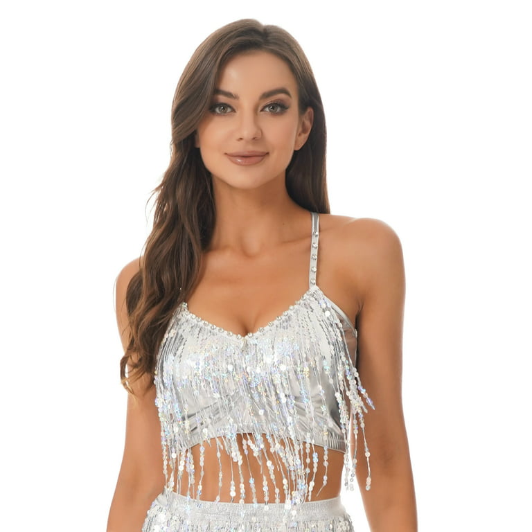 Yeahdor Womens Shiny Sequin Fringed Crop Top Belly Dance Costume Rave Party  Dancewear V Neck Rhinestone Vest Camisole