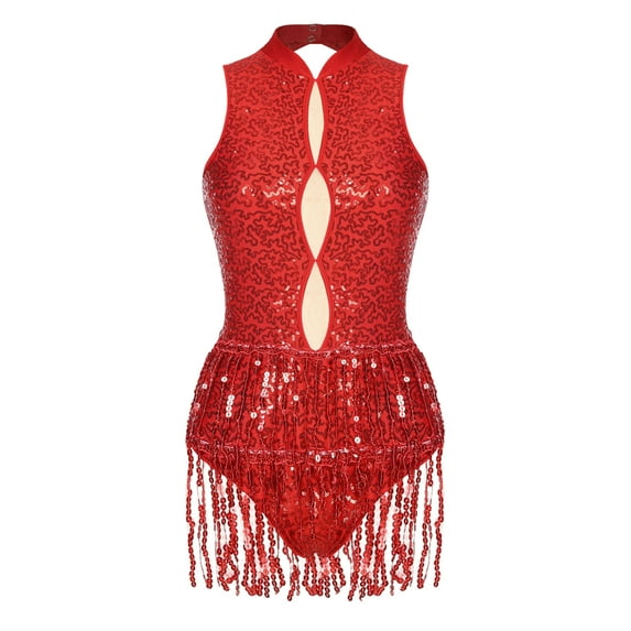Yeahdor Womens Shiny Sequins Dance Leotard One Piece Backless Tassel Fringe Bodysuit Latin Jazz Dance Costume Red S
