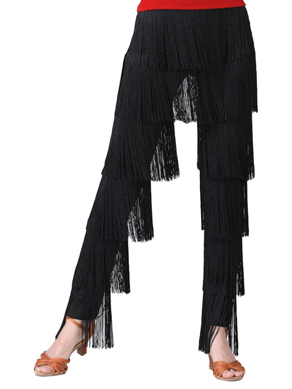 Womens Tassel Latin Dance Pants Dancewear Tango Cha-Cha Costume Tiered Fringed Pants Black M