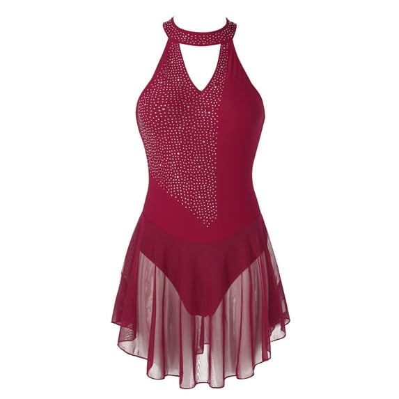 Yeahdor Womens V Neck Backless Rhinestone Dance Dress Figure Skating Skirted Leotard Gymnastics Ballerina Costume Burgundy L