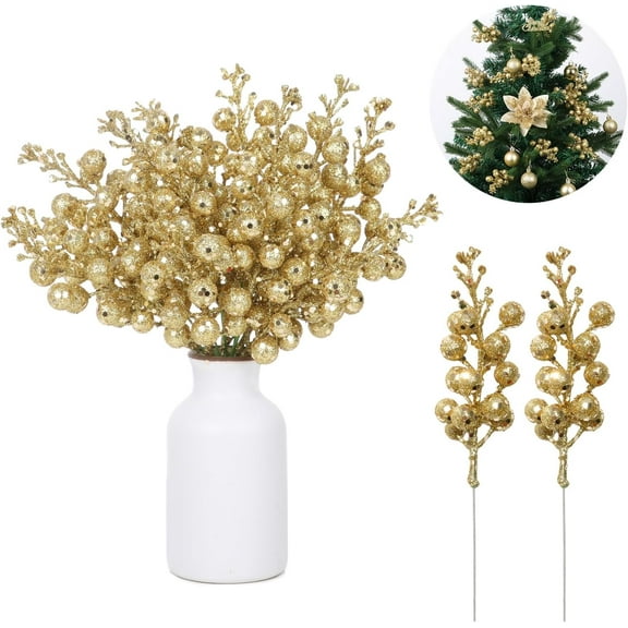 Yeahibaby-10 Pack Christmas Gold Berry Stems for Christmas Tree, Glitter Berry Picks, DIY Wreaths, Crafts, Home & Wedding Decorations 7.5 Inch