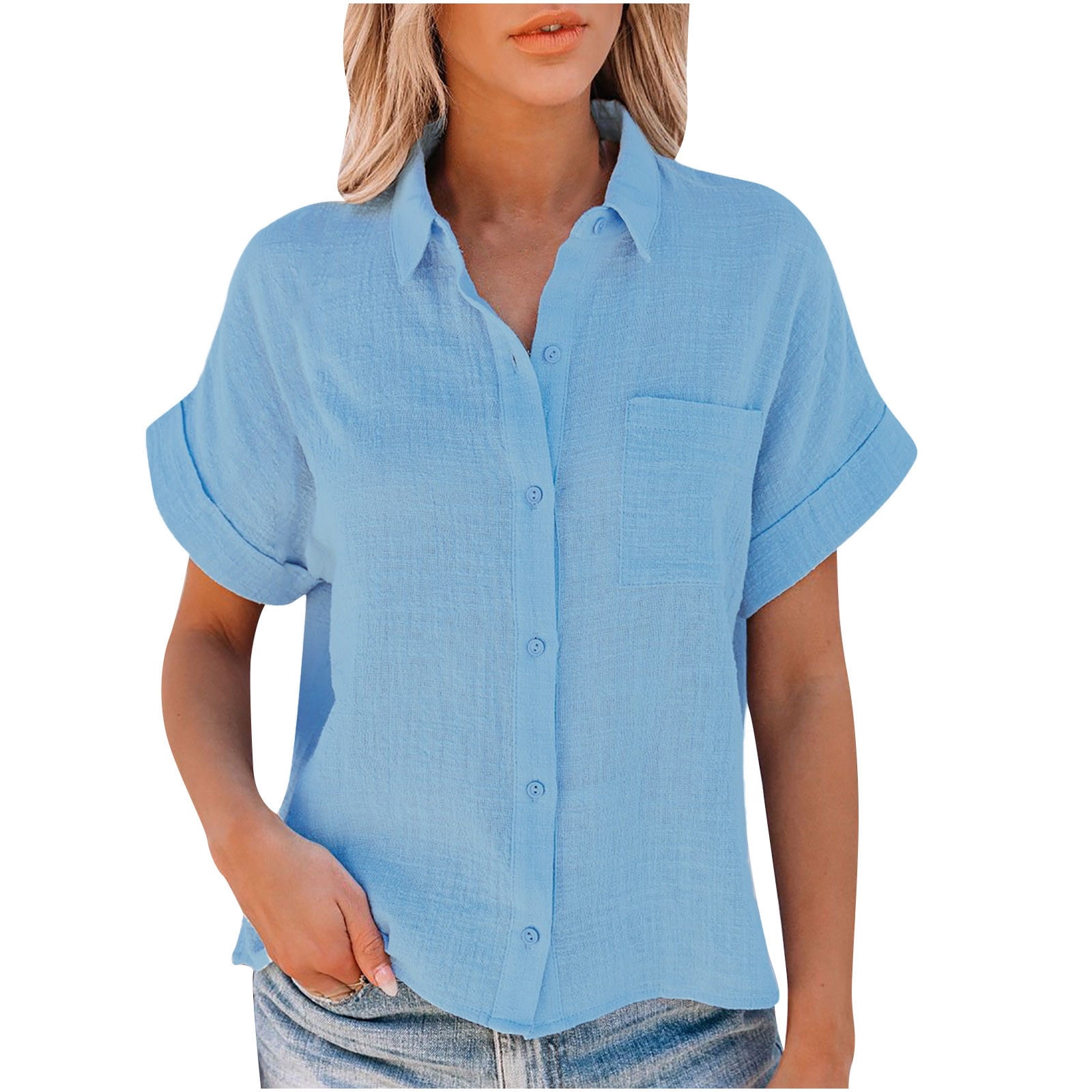 Yeahitch Casual V Neck Button Down Shirts for Women Solid Short Sleeve  Blouse Tops Light blue M