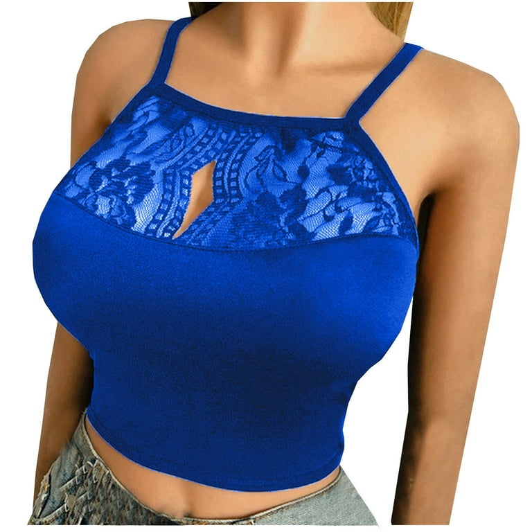 Yeahitch Lace Bralette for Women High Neck Camisoles Racerback  Double-Layered Crop Tank Top Dark Blue L