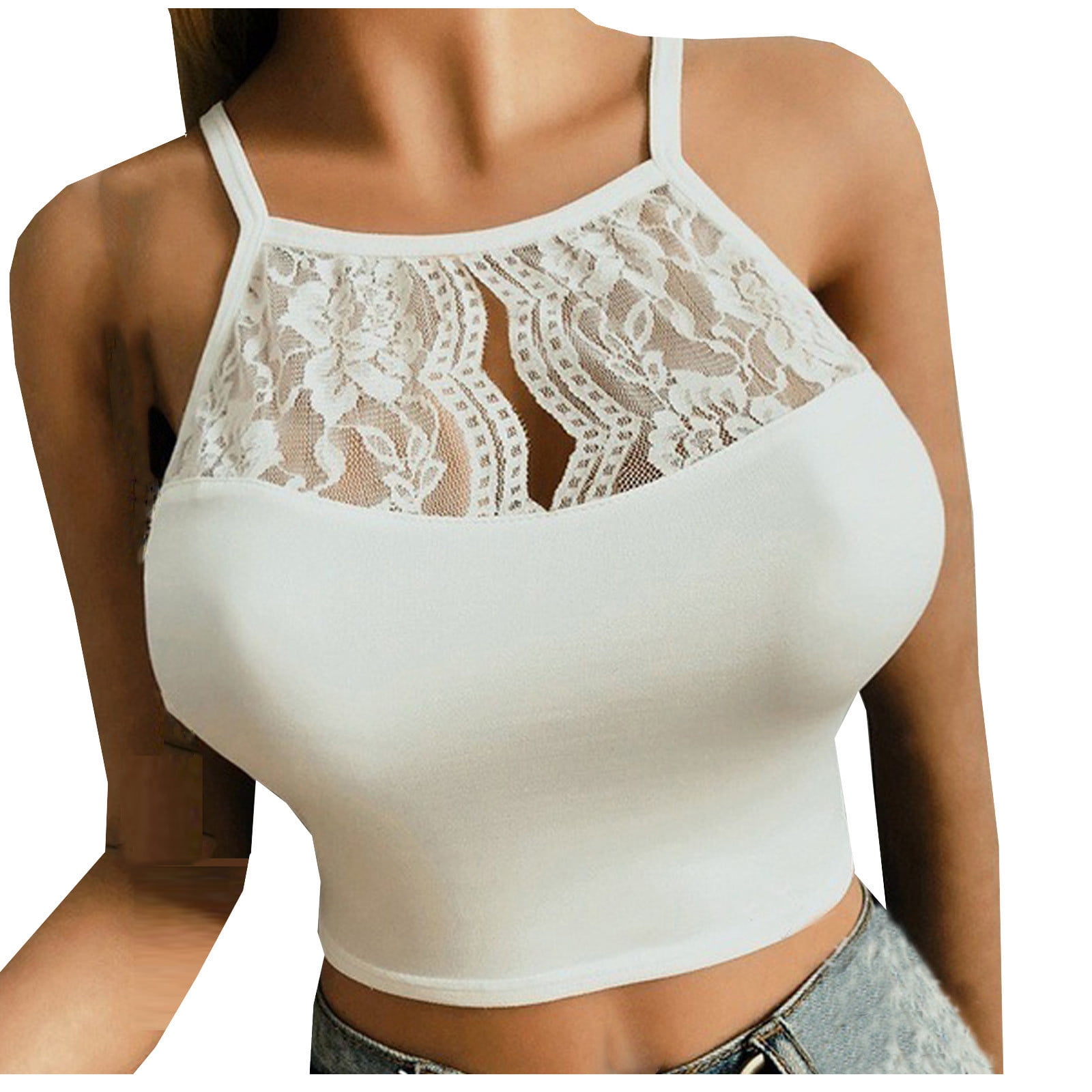 Yeahitch Lace Bralette for Women High Neck Camisoles Racerback  Double-Layered Crop Tank Top White L