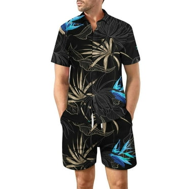 Yeahitch Mens Floral Hawaiian Shirts Short Summer Matching Set Button Down 2 Piece Outfits Casual Beach Shirts and Shorts Blue L