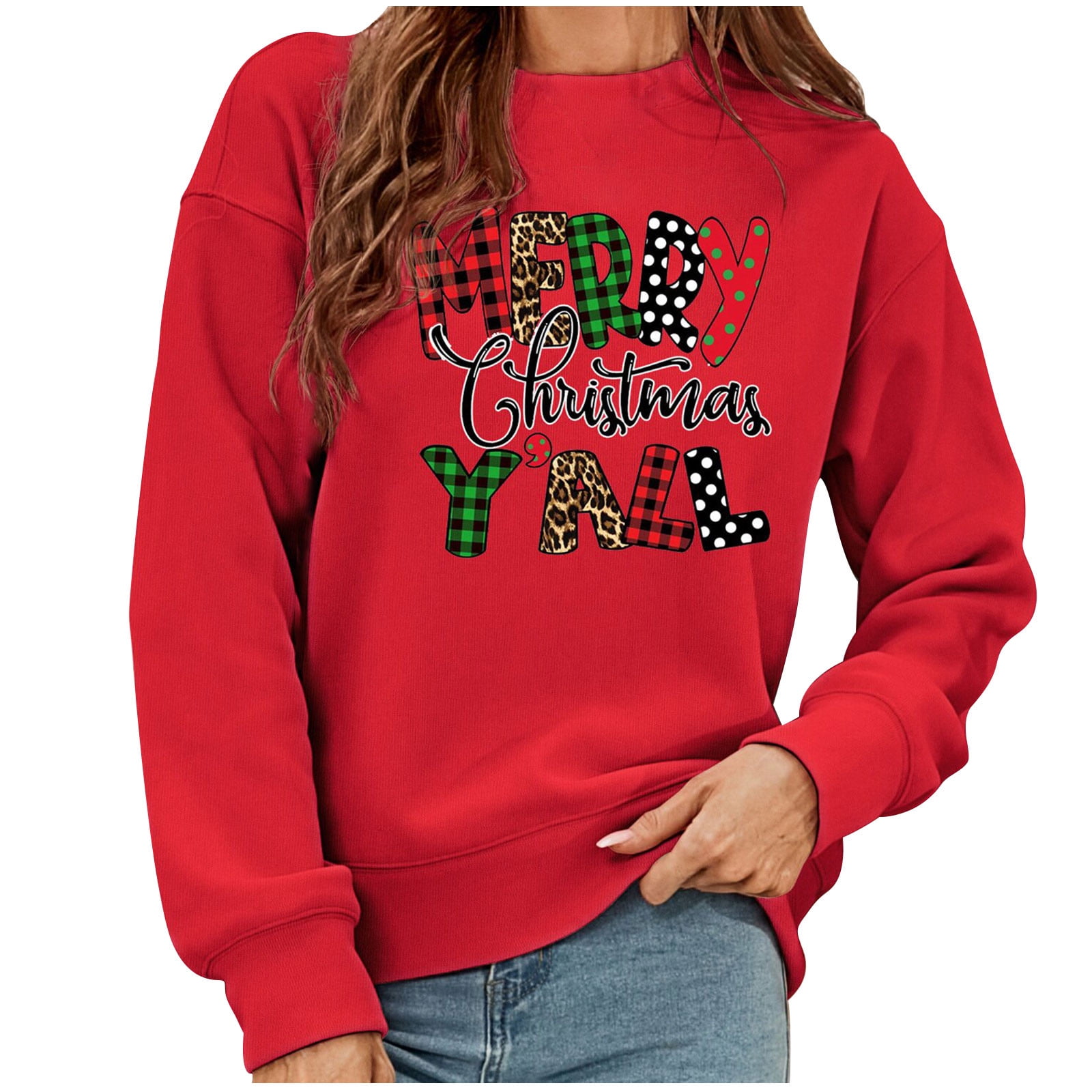 Yeahitch Merry Christmas Sweatshirt for Women Plaid Christmas Holiday