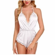 Yeahitch Satin Pajamas Women Lace Sleepwear Lingerie Cami Shorts Set Nightwear White XL
