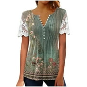 YEAHITCH Women's Floral Printed Short Sleeve Henley T-Shirt Pleated Casual Flowy Tunic Blouse Summer Tops Green L