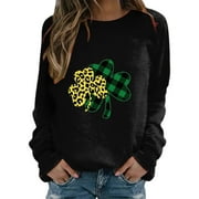 Yeahitch Women's Fashion Hoodies & Sweatshirts, Graphic Cute Sweatshirt Clover Print Long Sleeve Tunic Tops Crewneck T Shirt St Patrick's Day Trendy Pullover Black XL