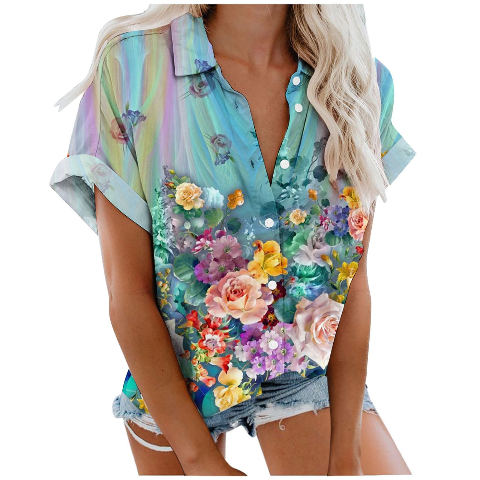 Yeahitch Women's Hawaiian Shirts Floral Top Leaves Printed Short Sleeve ...