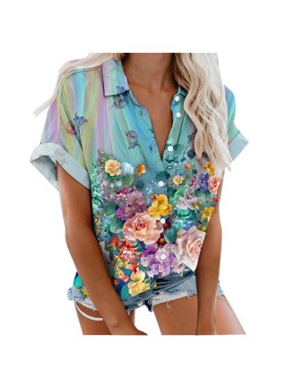 Zxzy Women Soft Dressy Floral Printed Button Down Tropical Hawaiian Shirt Blouse Tops