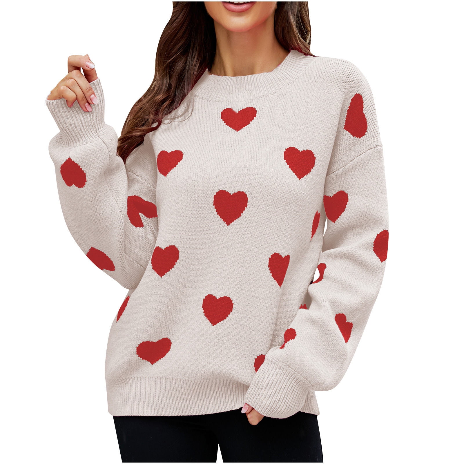 Yeahitch Women's Heart Crewneck Sweater Knit Sweater Pullover Sweatershirt Comfy Casual Pink Fuzzy Sweaters Tops Beige M