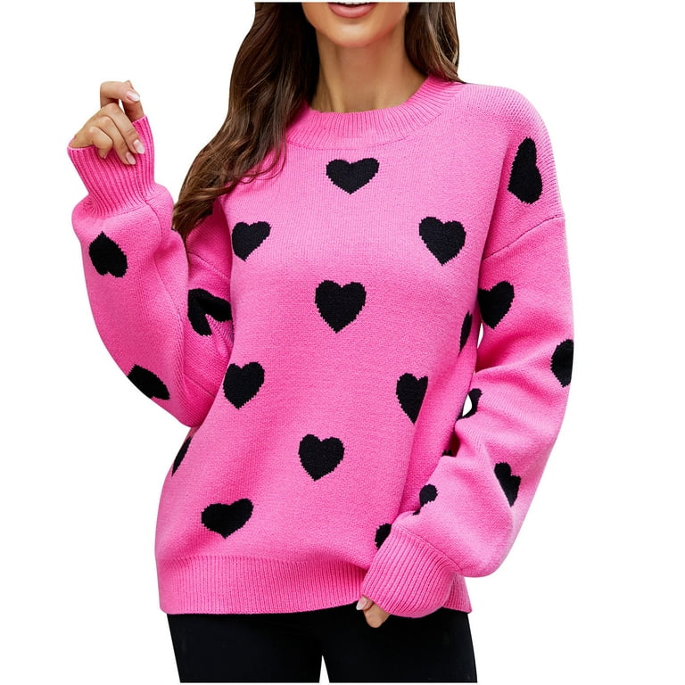 Yeahitch Women's Heart Crewneck Sweater Knit Sweater Pullover