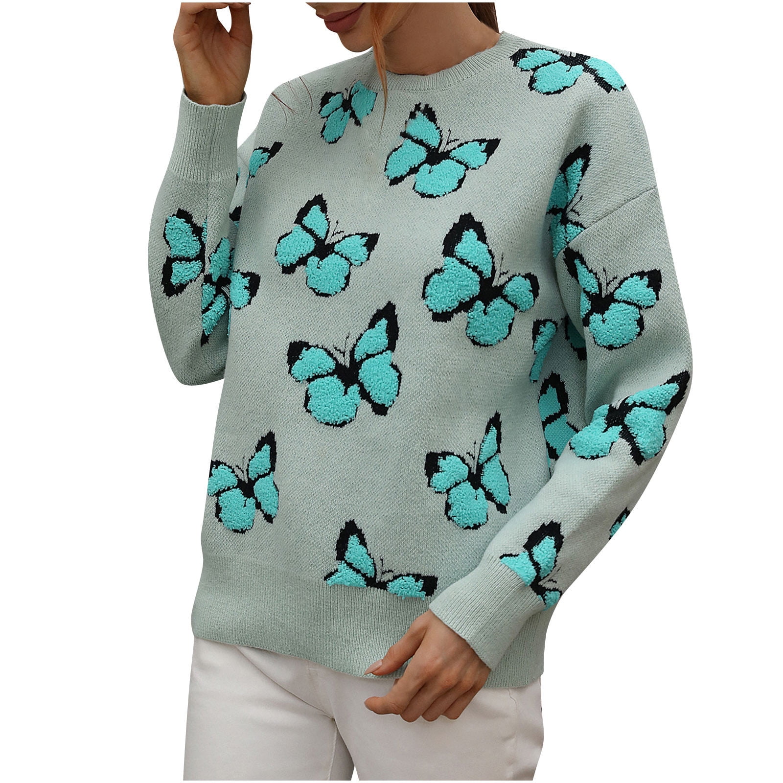 STETMN Women's Knit Sweater Long Sleeve Butterfly Printed Sweater Tops ...