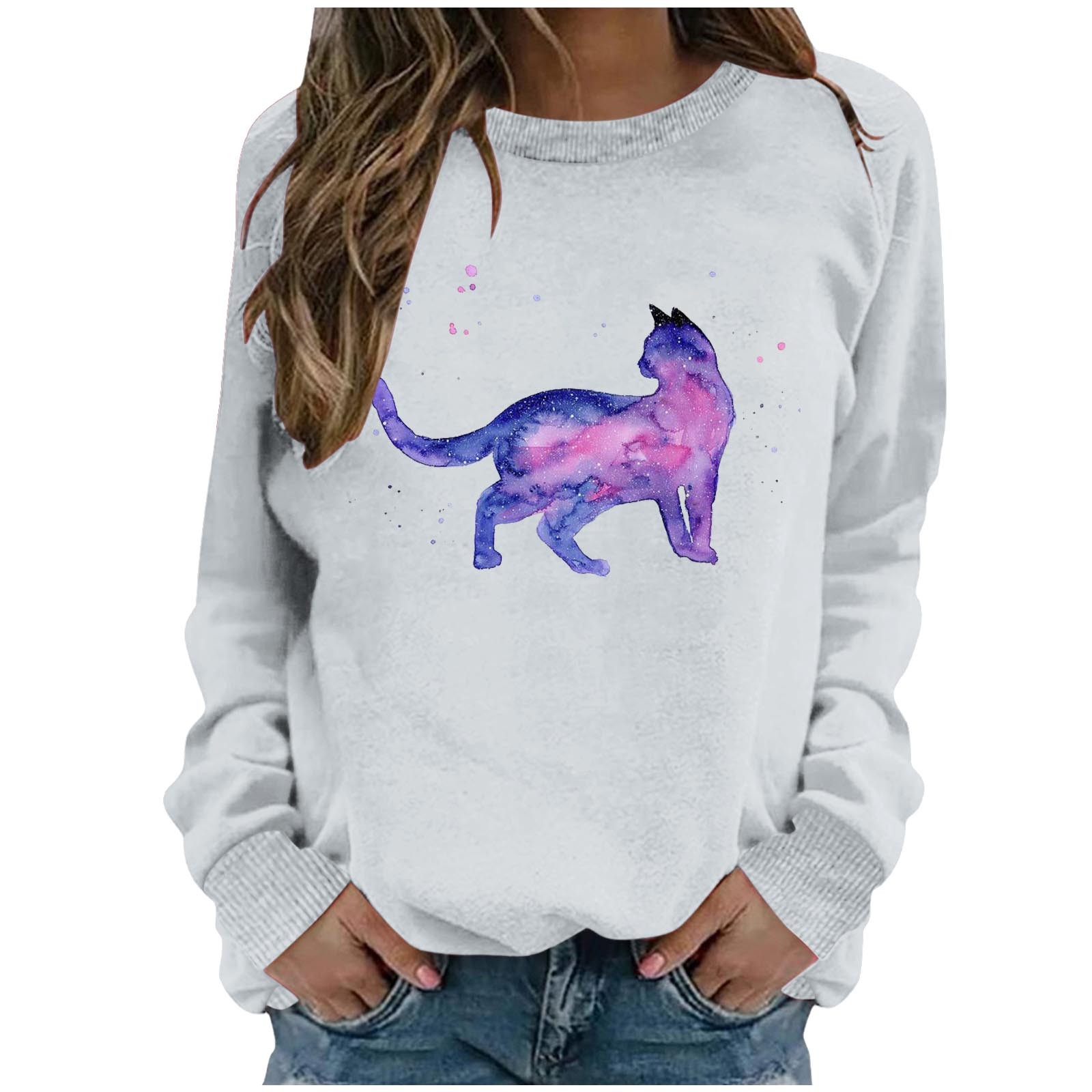 Yeahitch Womens Cute 3D Cat Print Sweatshirts Tops Loose Fit Long