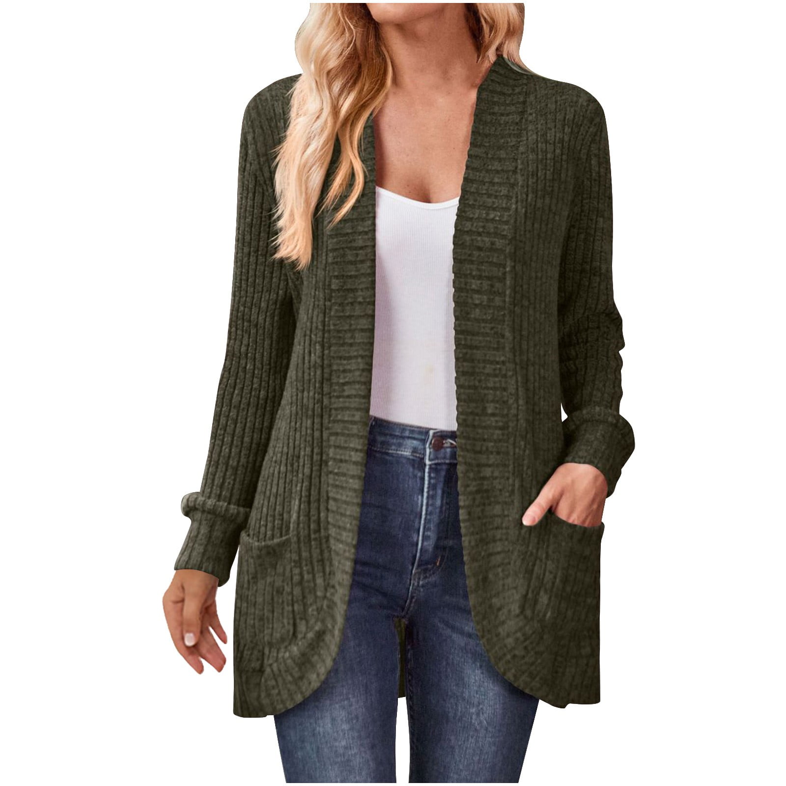 Stetmn Womens Open Front Long Sleeve Chunky Knit Cardigan Sweaters Loose Outwear Coat Army Green 2722