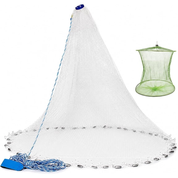 Yeahmart American Saltwater Fishing Cast Net for Bait Trap Fish 3ft/4ft/5ft/6ft/7ft/8ft/9ft/10ft Radius Casting Nets with Heavy Duty Real Zinc Sinker Weights, 3/8inch Mesh Size