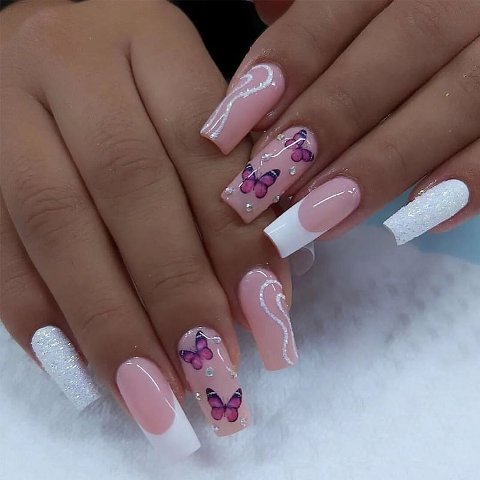 Yeahmol 24Pcs Press on Nails Long Fake Nails Press Ons Glue on Nails Acrylic Full Cover False Nails With Designs Cute Nails For Women Girls Pink Butterfly NO.21 Walmart