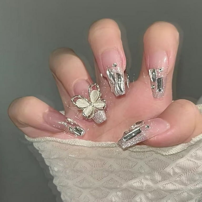 Gold Shimmering Stick One Nails with Butterfly And Diamonds Gold Shimmering Stick One Nails with Butterfly And Diamonds
