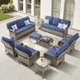 thumbnail image 1 of Yeahumalia 10 Pieces All Weather Wicker Patio Furniture Set with 2 Rattan Sofa, 4 Swivel Rocking Chairs, 2 Ottomans and 2 Side Table, Outdoor Conversation Set for Deck Yard Sunroom, Gray/Blue, 1 of 17
