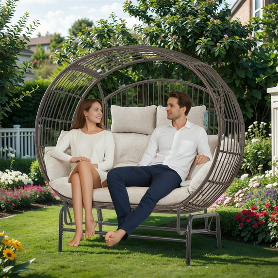 Yeahumalia 2-Person Glider Egg Chair, Patio Wicker Rocking Egg Loveseat Lounger Chair with Cushions for Indoor Outdoor Bedroom Porch Backyard, Brown Frame