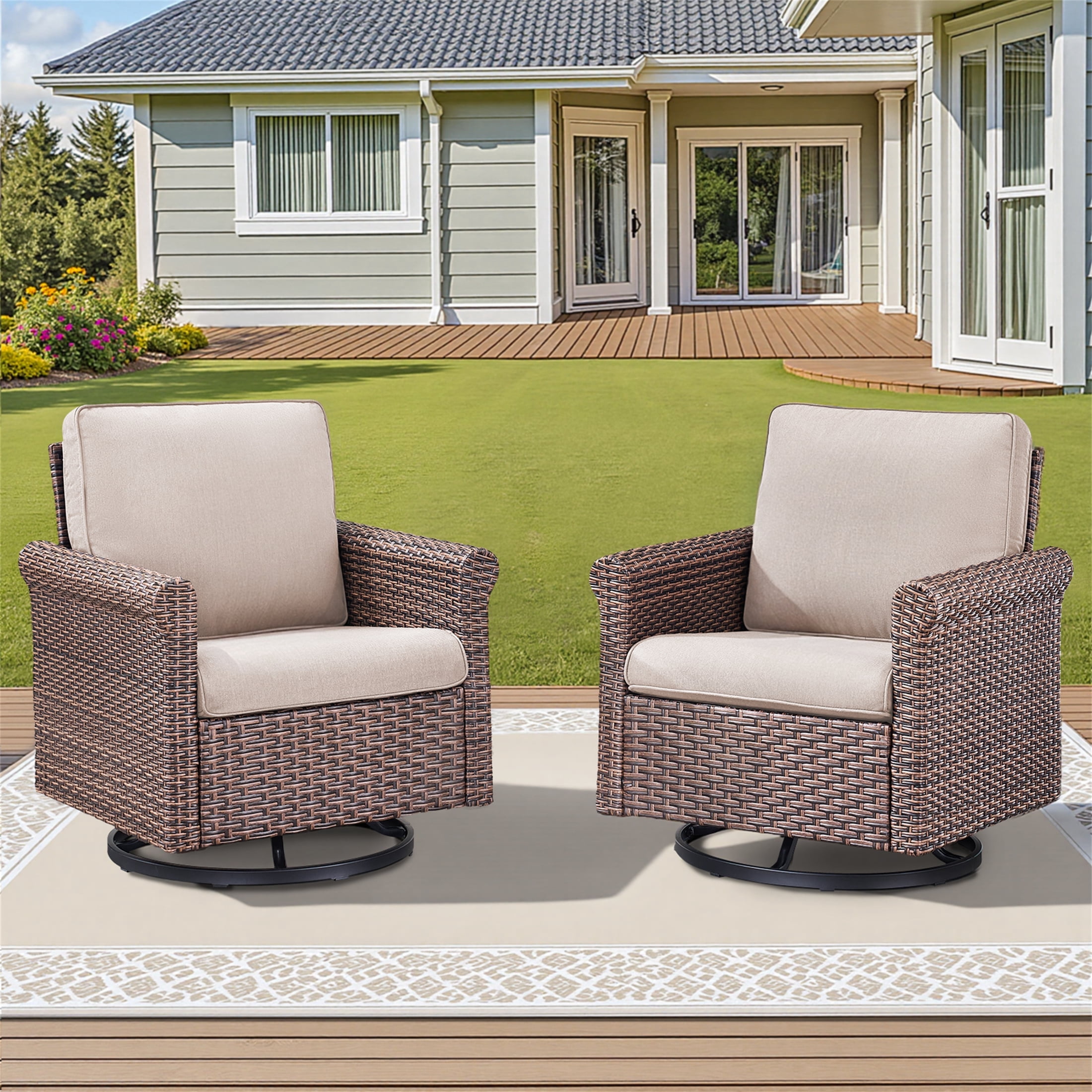 Yeahumalia 2pcs Outdoor Rattan Swivel Rocker Patio Wicker Chairs, Brown ...
