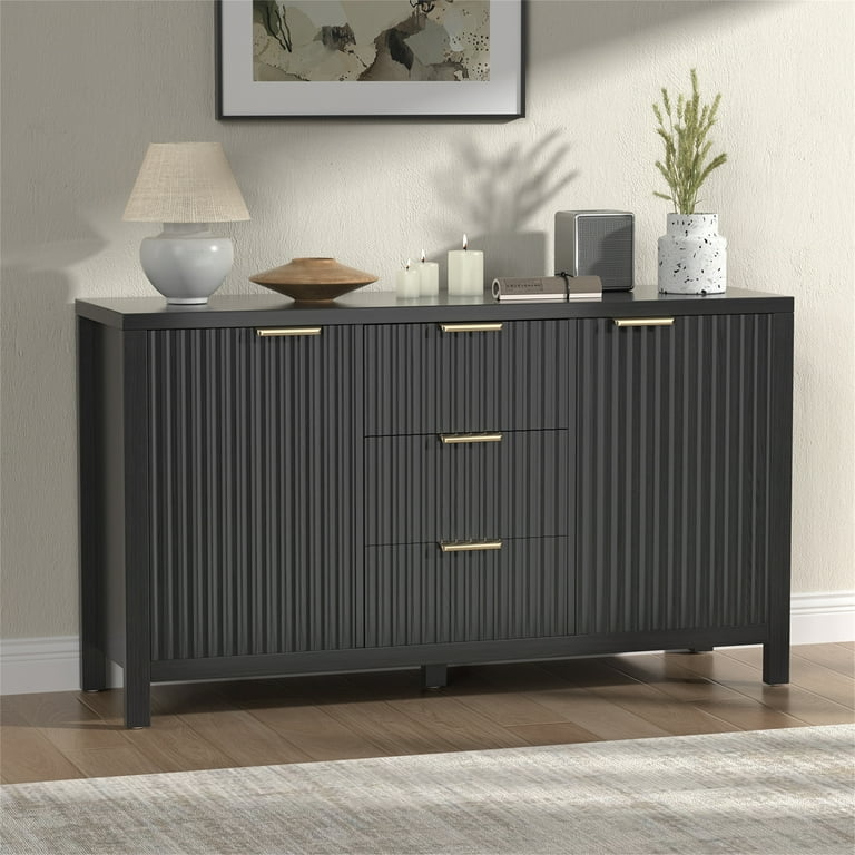 Yeahumalia Fluted Modern Sideboard with 3 Drawers MDF Black